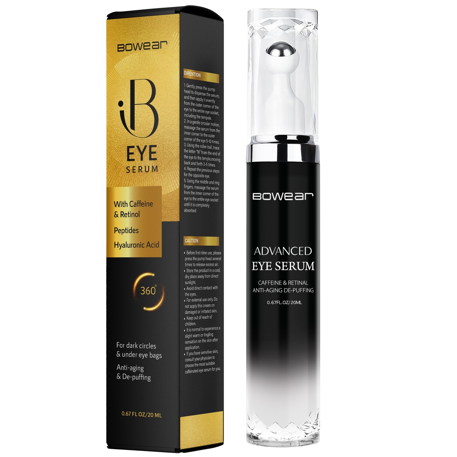 Bowear Caffeine Eye Serum 360° Roller: Cream with Massage Ball - Caffeine and Yeast Under Roller Anti Aging for Dark Circles Puffiness Bags- Reduce Wrinkles Fine Lines