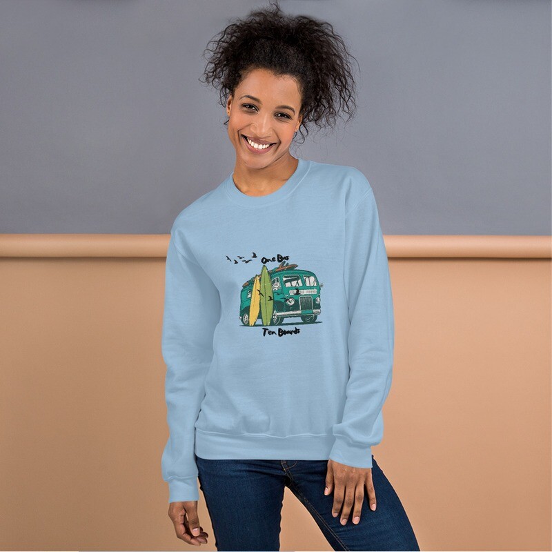 Sweatshirt, 10 boards, surf board, bus, bach t shirt, beach ,oceans, waves, boho sweat, ocean waves, sun, sand