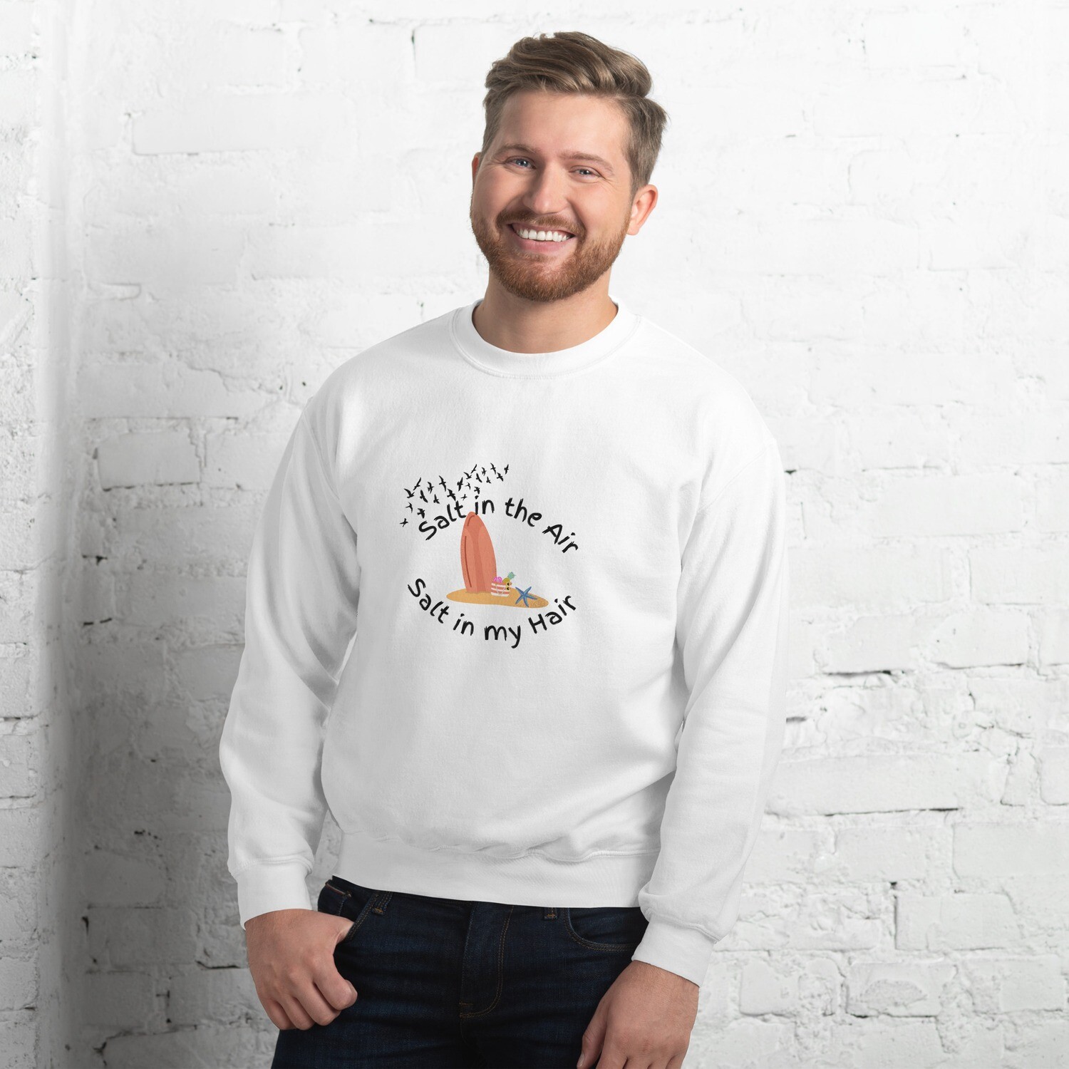 Sweatshirt, salt in the air, salt in my hair, surfboard, surf, seagulls, starfish,