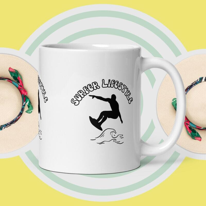 White glossy mug, surfer lifestyle