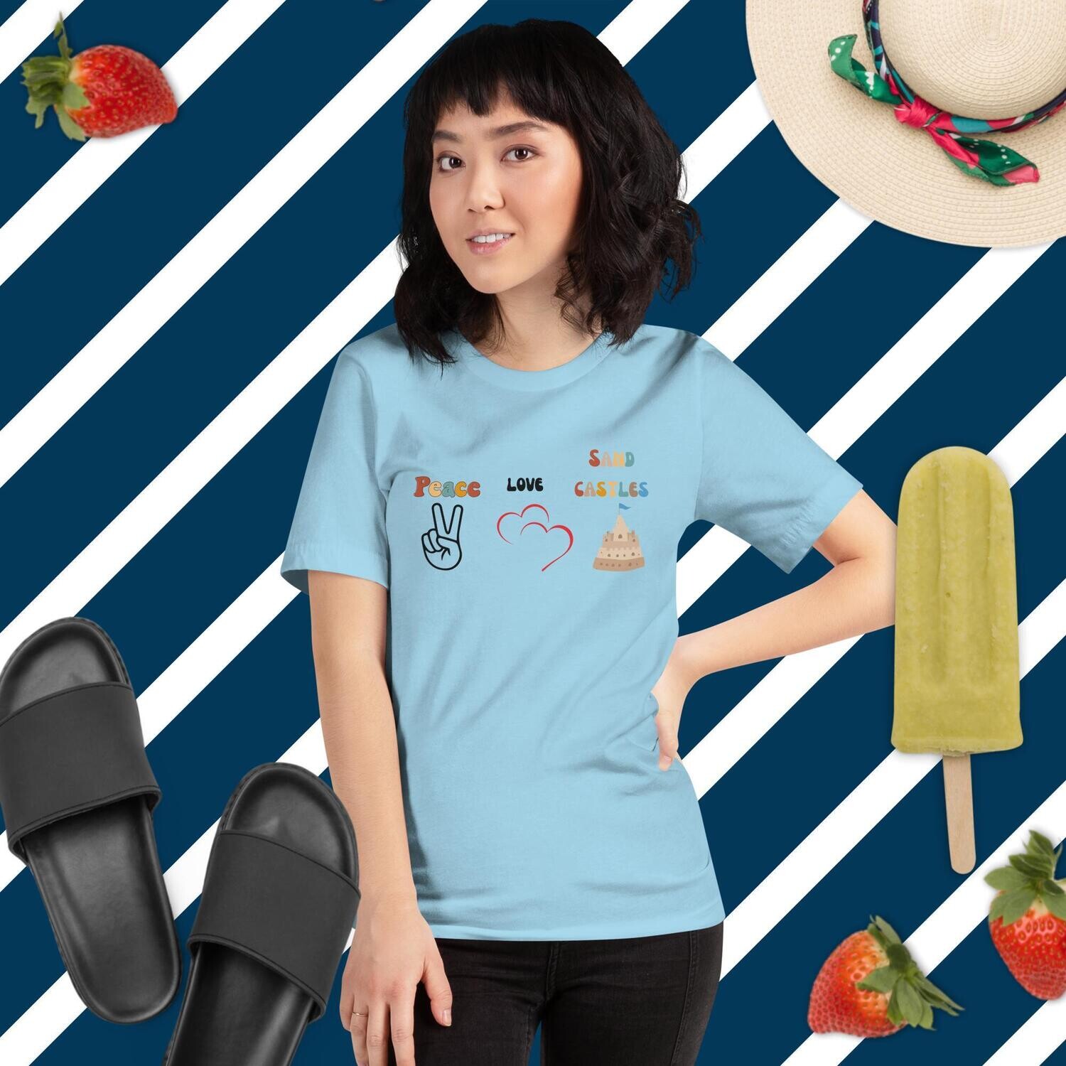 t-shirt, peace love sandcastles