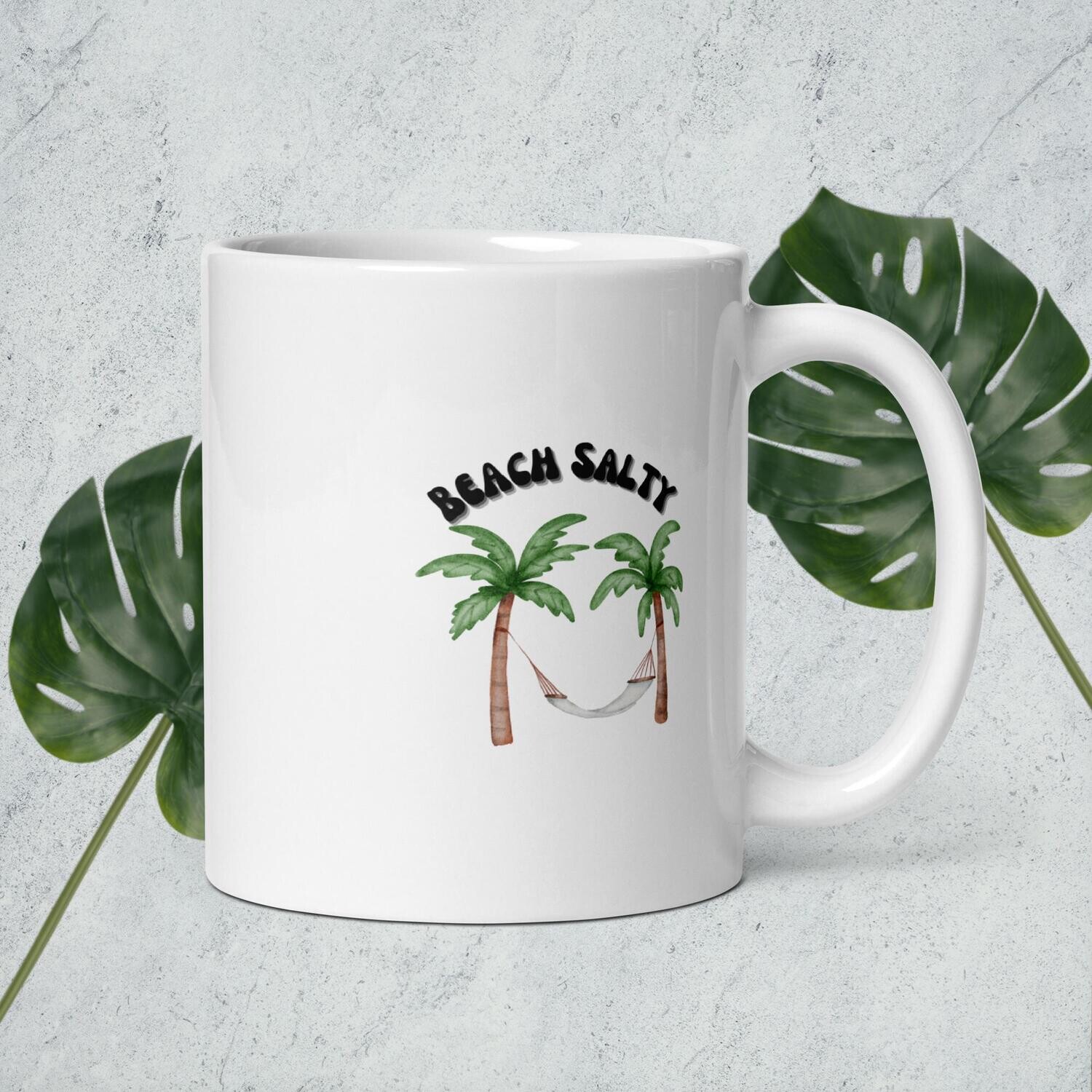 White glossy mug, beach salty, beach, salty
