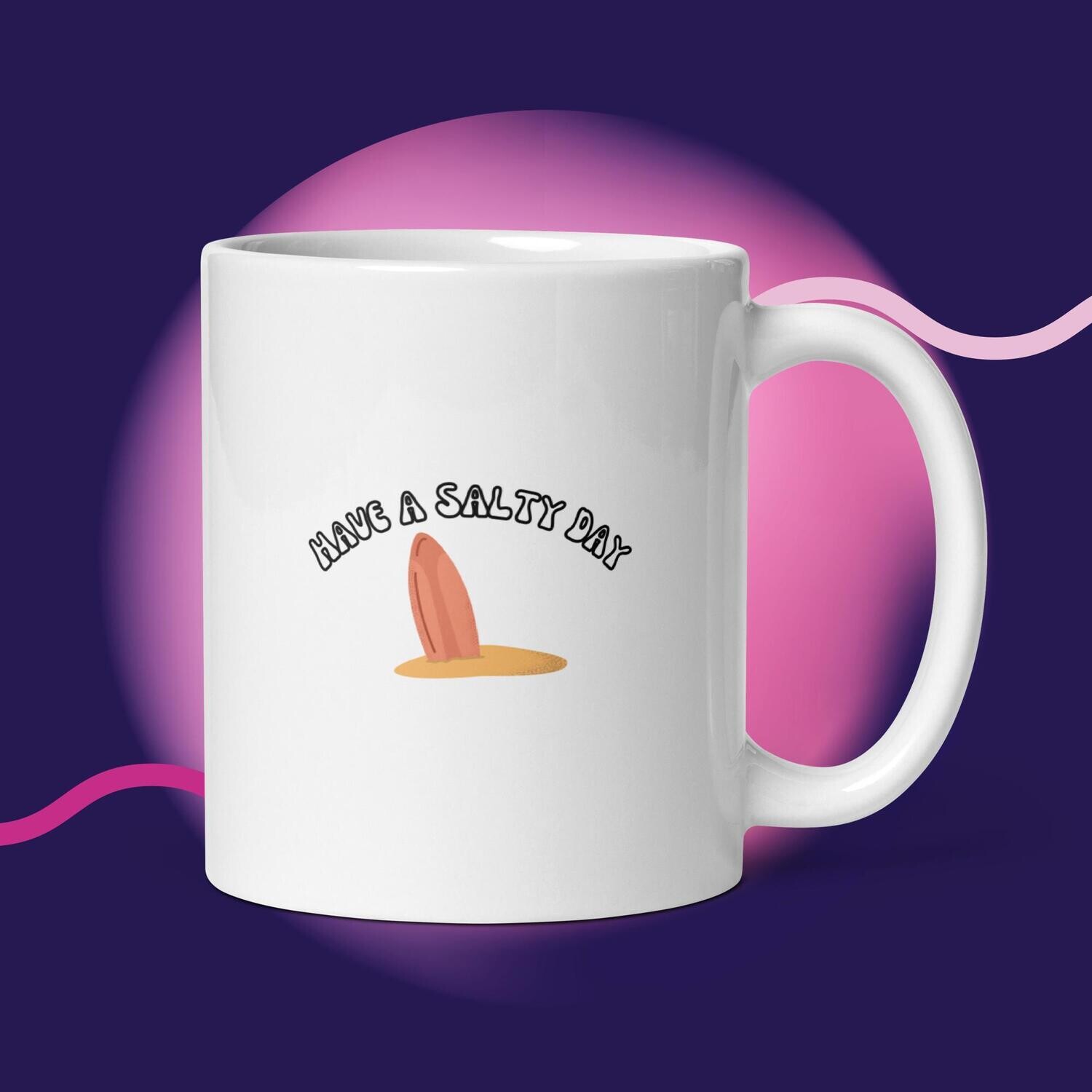 White glossy mug, have salty day, salty, island, surfboard