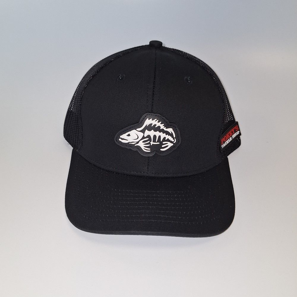 Pokey&#39;s Black 6 Panel Rubber Bone Patch Logo Trucker Hat