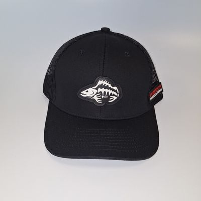 Pokey&#39;s Black 6 Panel Rubber Bone Patch Logo Trucker Hat