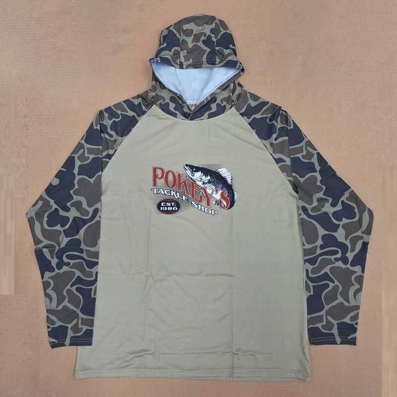 Pokey&#39;s Sun Shirt Hooded Green Tan Camo