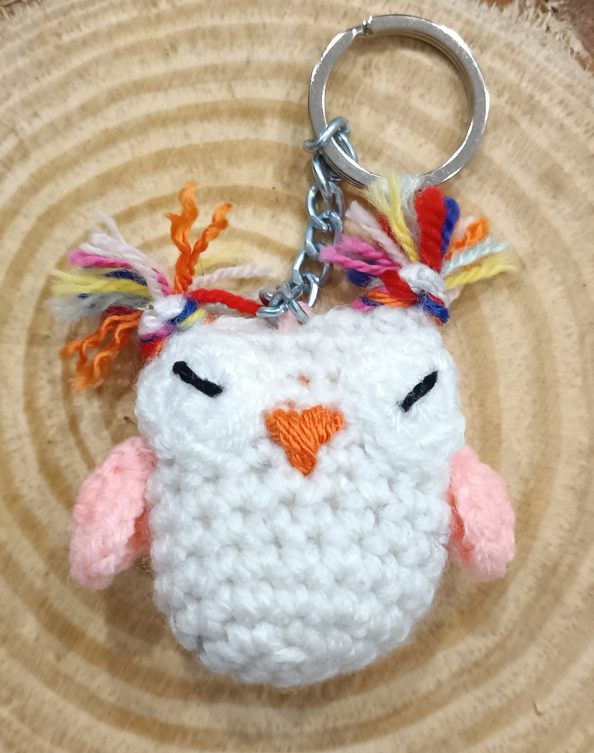 Porte-clés hibou brut et ailes roses   fait à la main