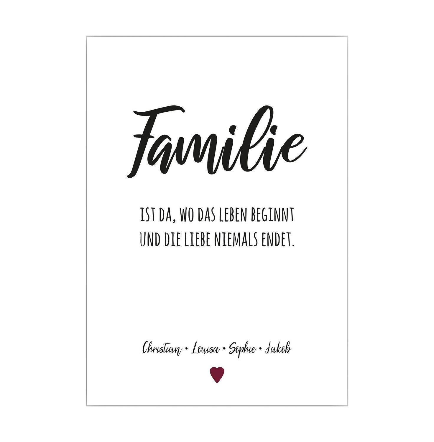 Personalisierbares Poster mit Namen und Spruch "Familie ist da, wo das Leben beginnt und die Liebe niemals endet".