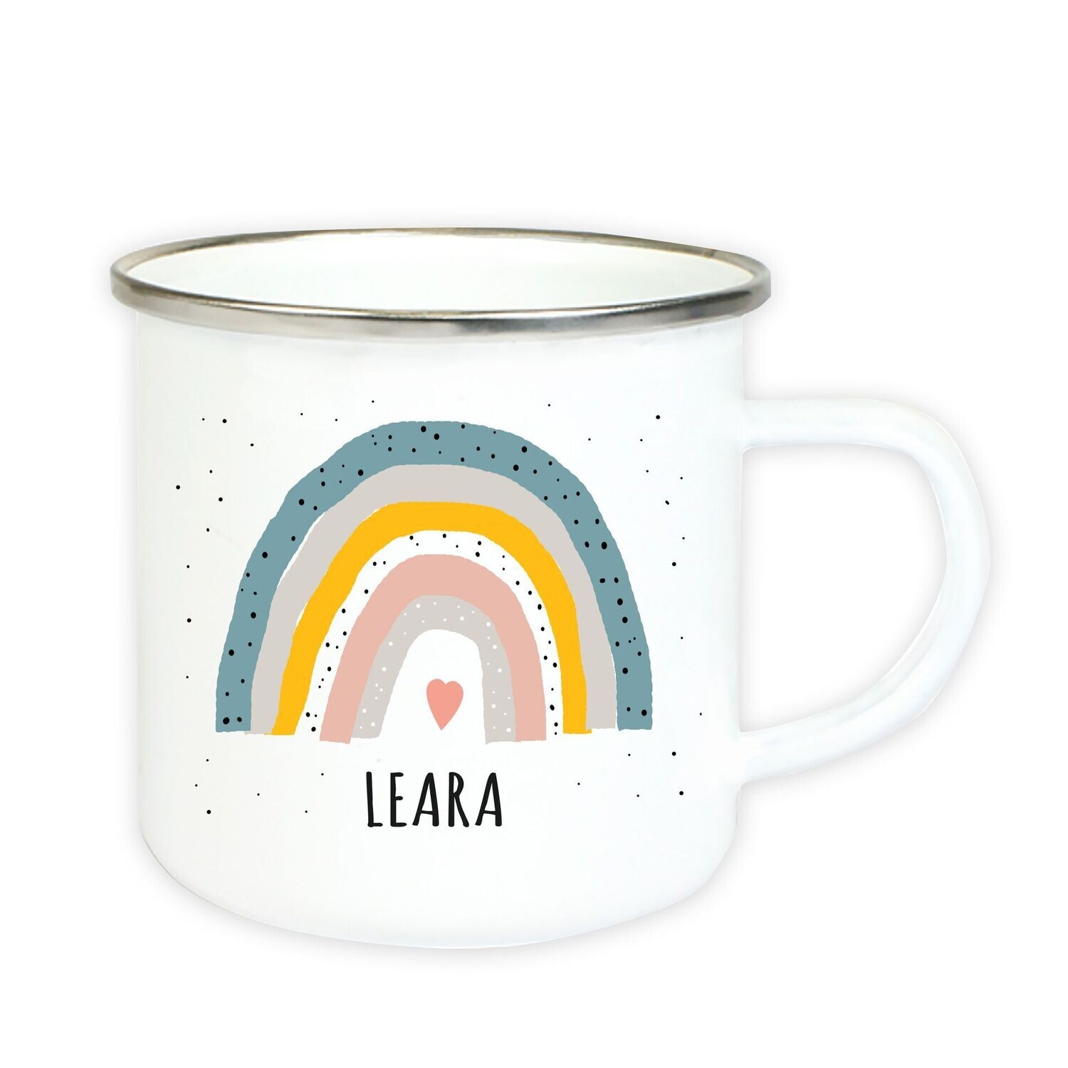 Emaille Tasse mit Regenbogen und Wunschname