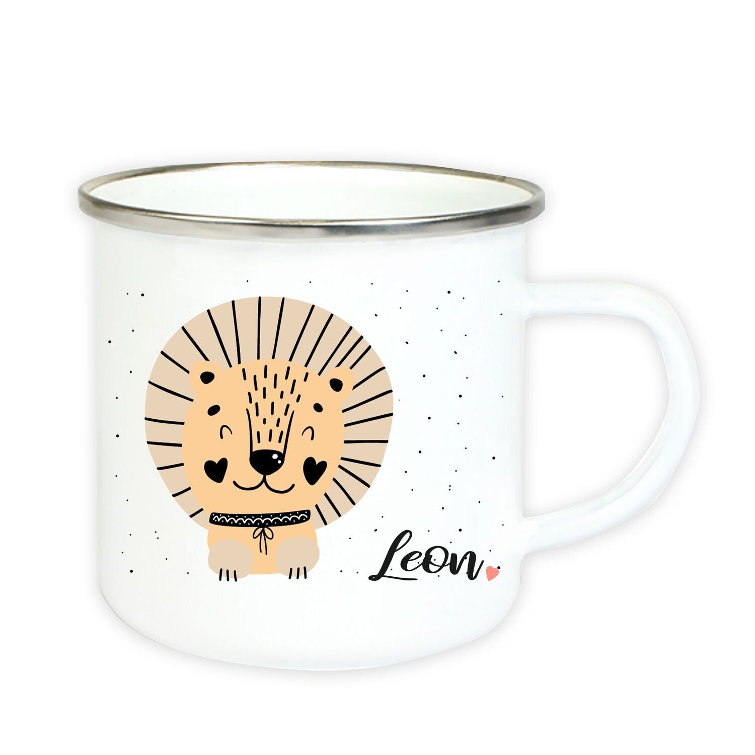 Emaille Tasse mit Löwe und Wunschname