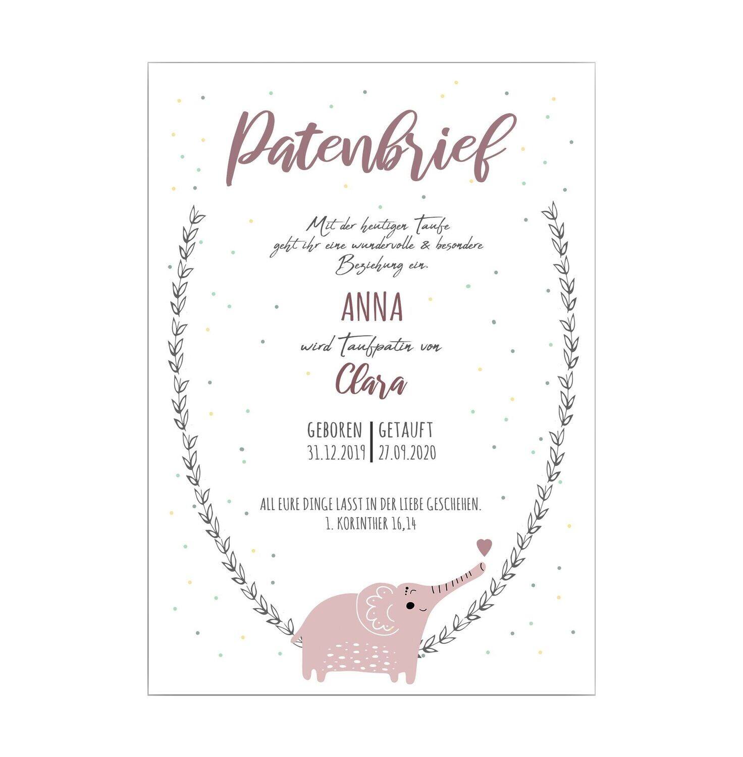 Persönlicher Patenbrief - Patenurkunde - Geschenk für die Taufpaten