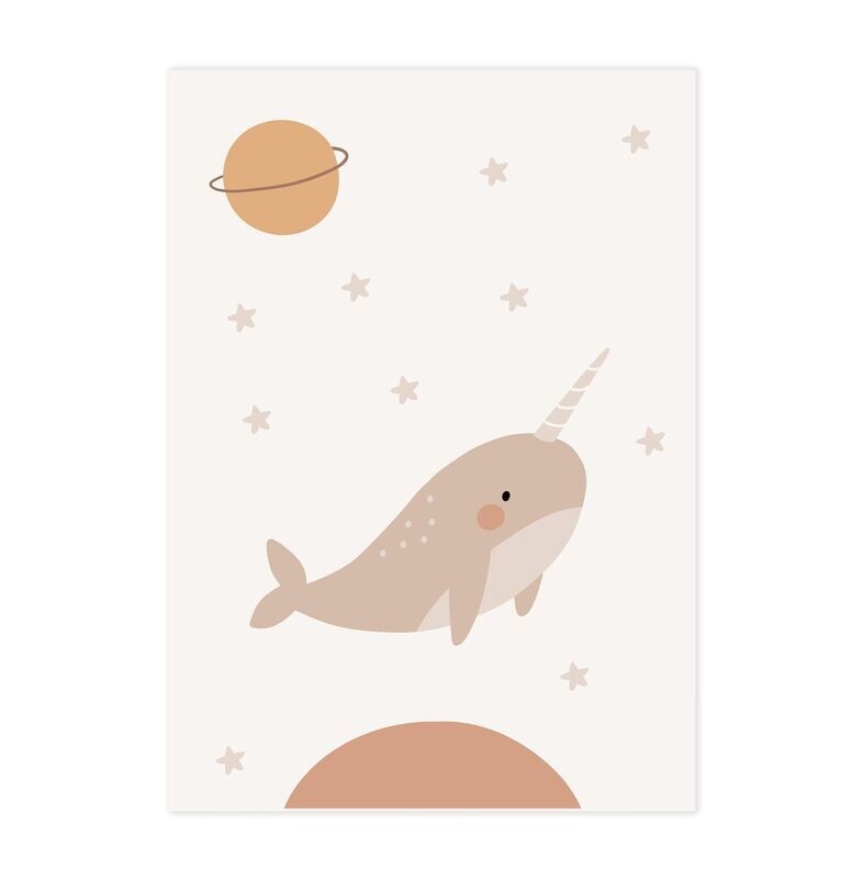 Poster für das Kinderzimmer mit gezeichnetem Wal und Planeten Poster für das Kinderzimmer mit gezeichnetem Wal und Planeten