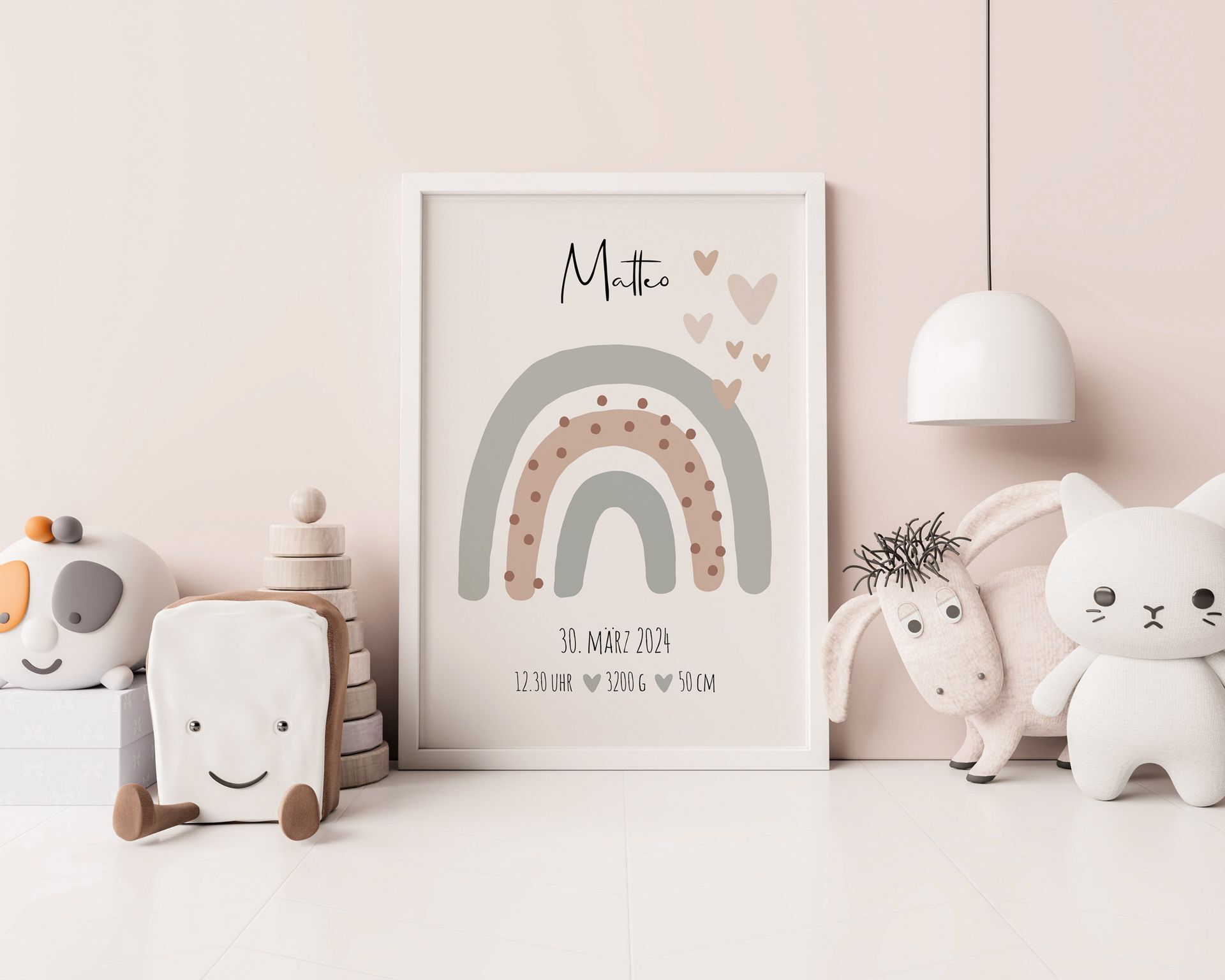 Poster für das Kinderzimmer mit Geburtsdaten und Regenbogen
