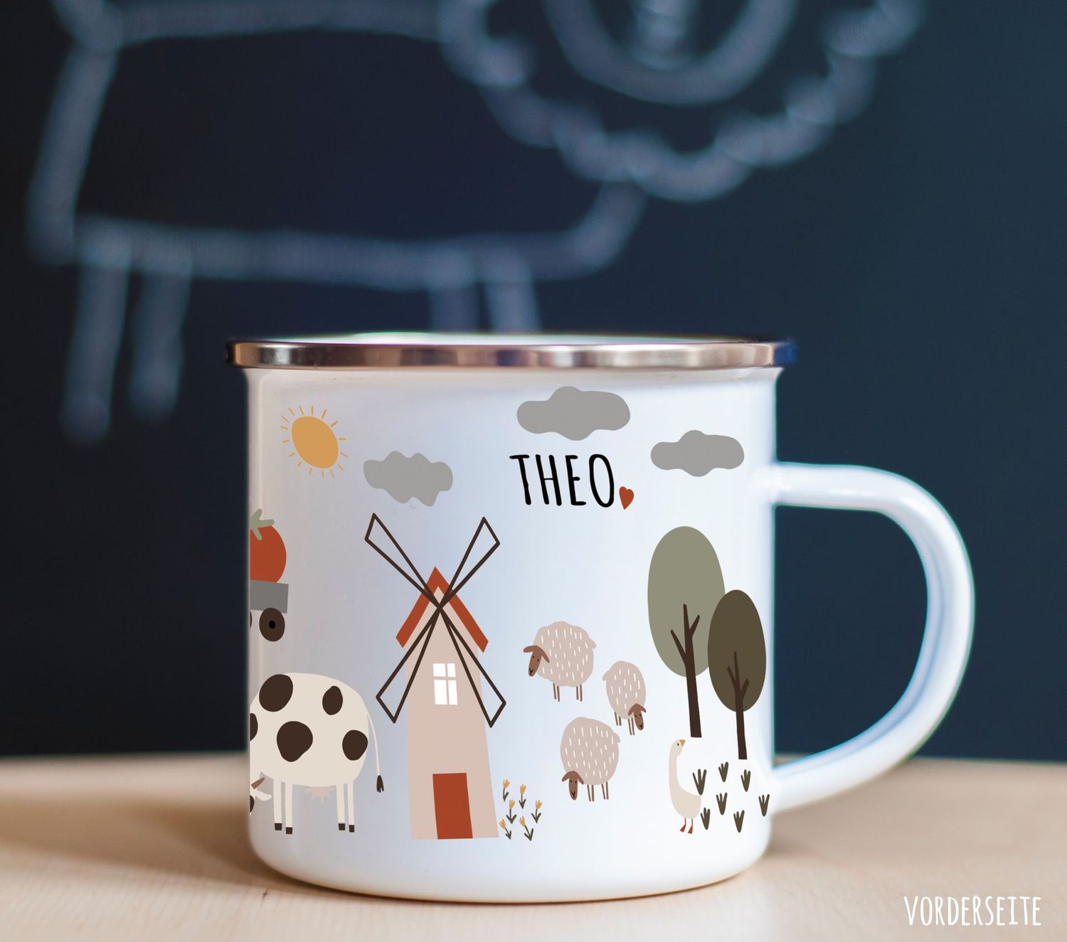 Emaille Tasse mit Bauernhof und Wunschname