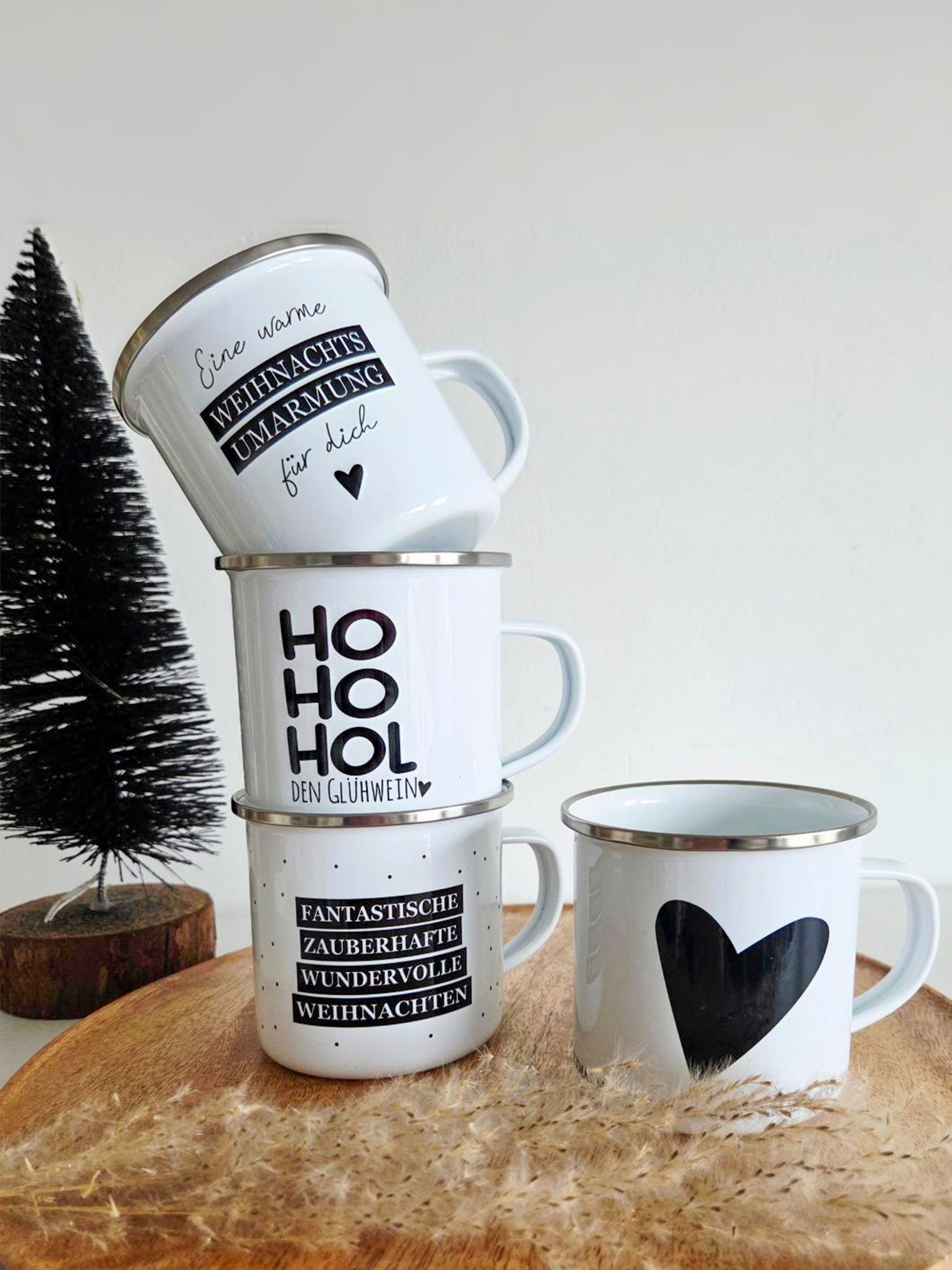 Personalisierbare Emaille Tassen mit Herz und Spruch 