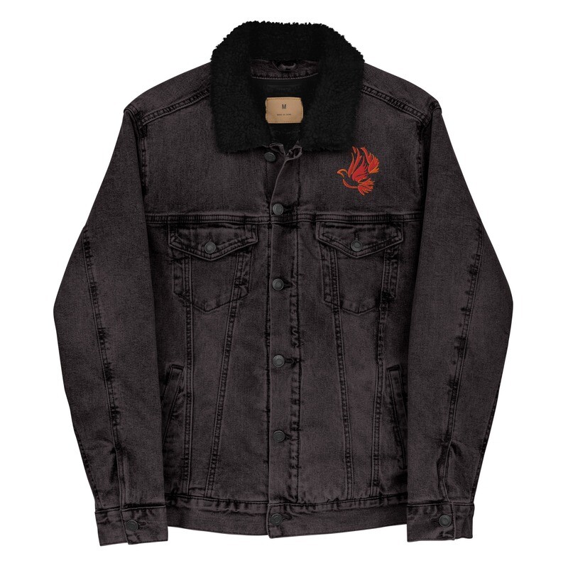 Unisex Classic Denim Sherpa Jacket with Holy Spirit Dove on Fire Design