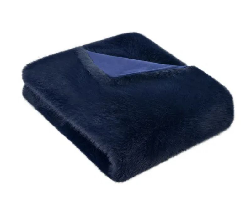 Long Hair Navy Faux Fur Throw
