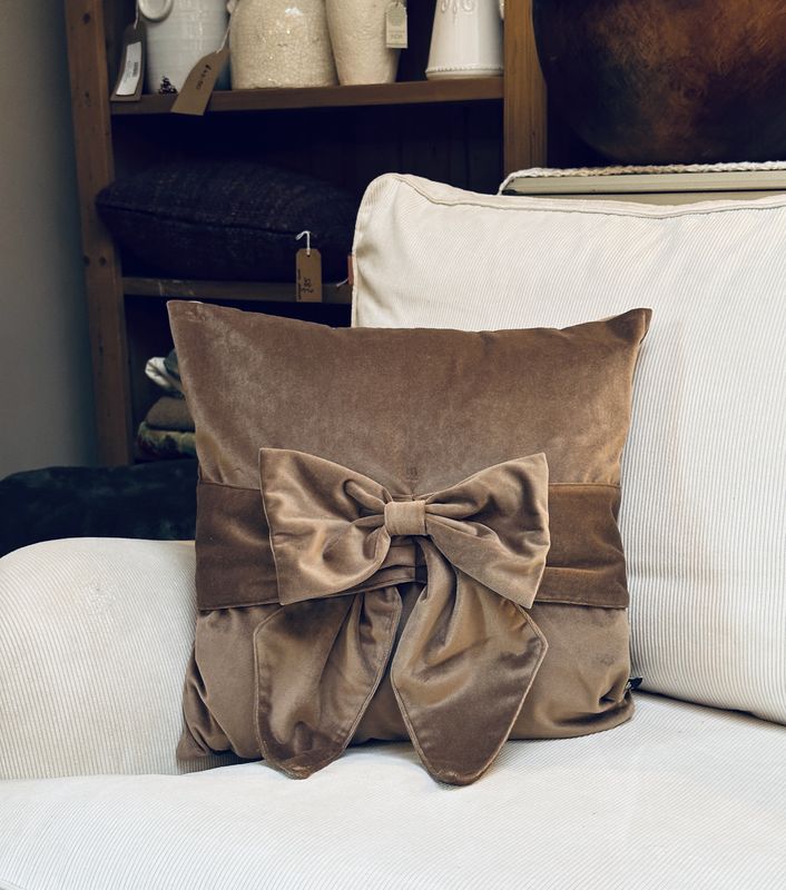 Malini Paul Moneypenny Tiedup Bow Cushion In Taupe