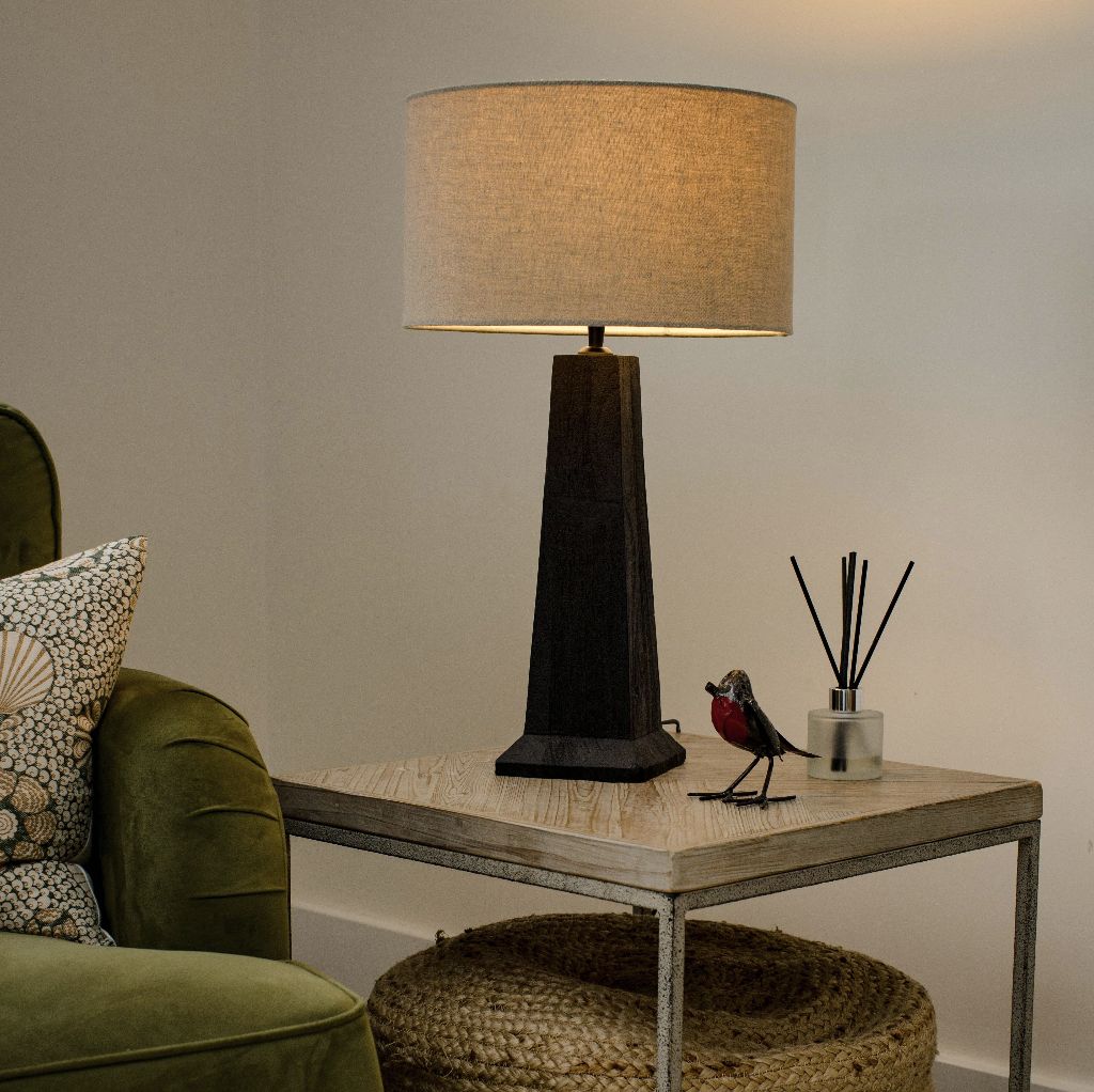 Saltford Large Black-stained Sandblasted Table Lamp, with Beige Linen Shade