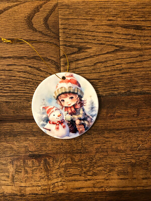 Ceramic Ornament - Girl/Snowman