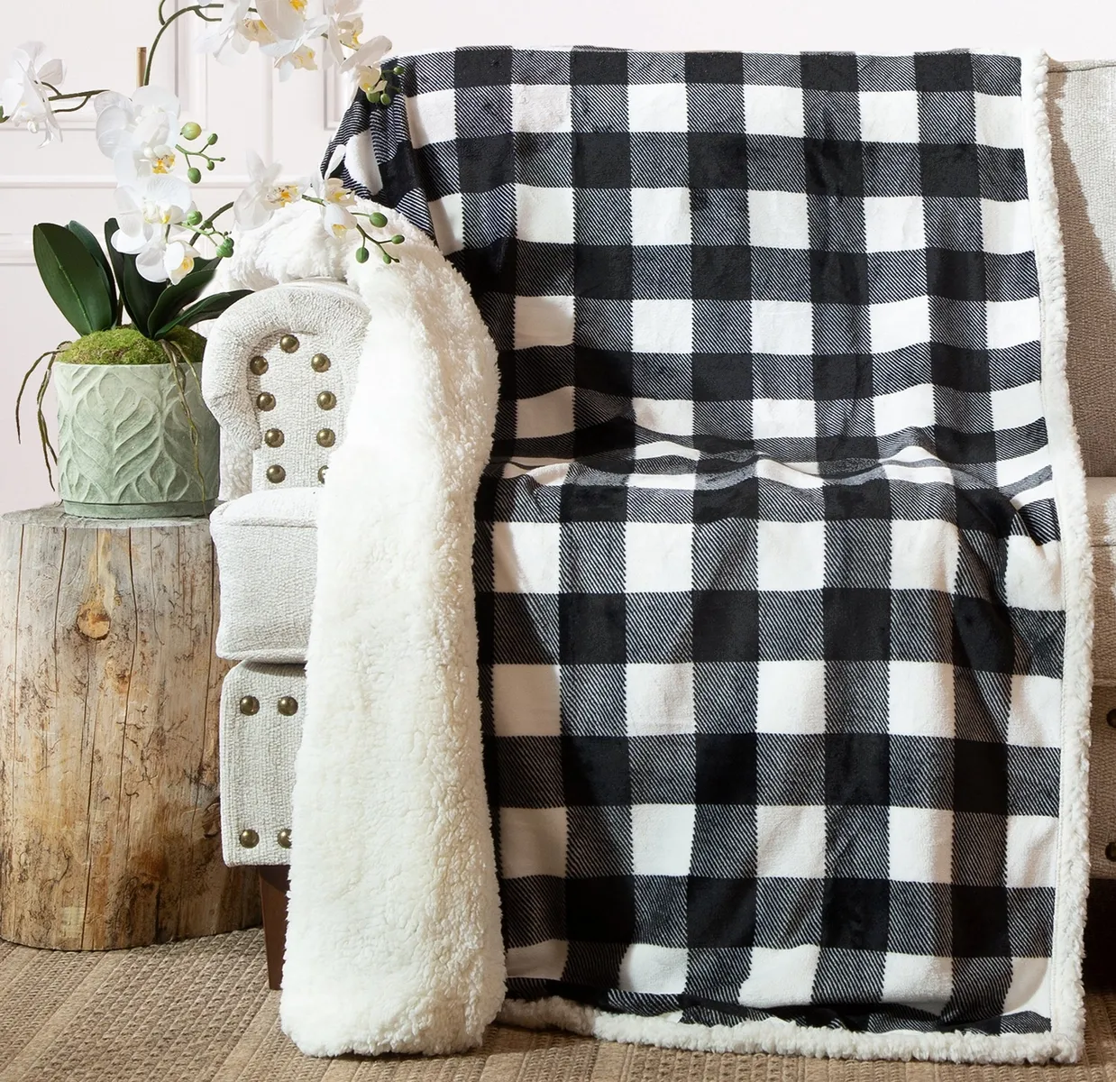 Carstens, Inc. - Black &amp; White Lumberjack Plaid Plush Sherpa Throw