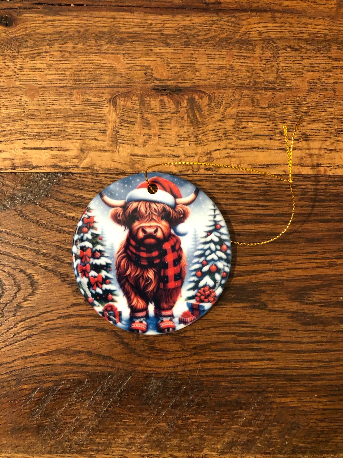 3” Ceramic Ornament Highland Cow With Plaid Scarf