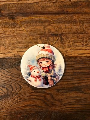 3” Ceramic Ornament Little Girl With Snowman