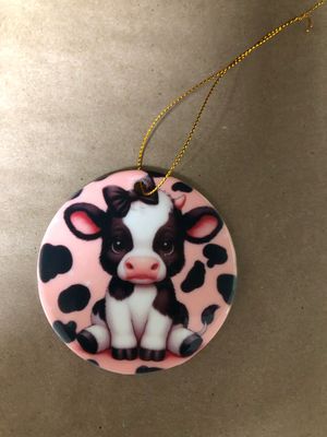 3” Ceramic Ornament Baby Cow With Bow In Pink