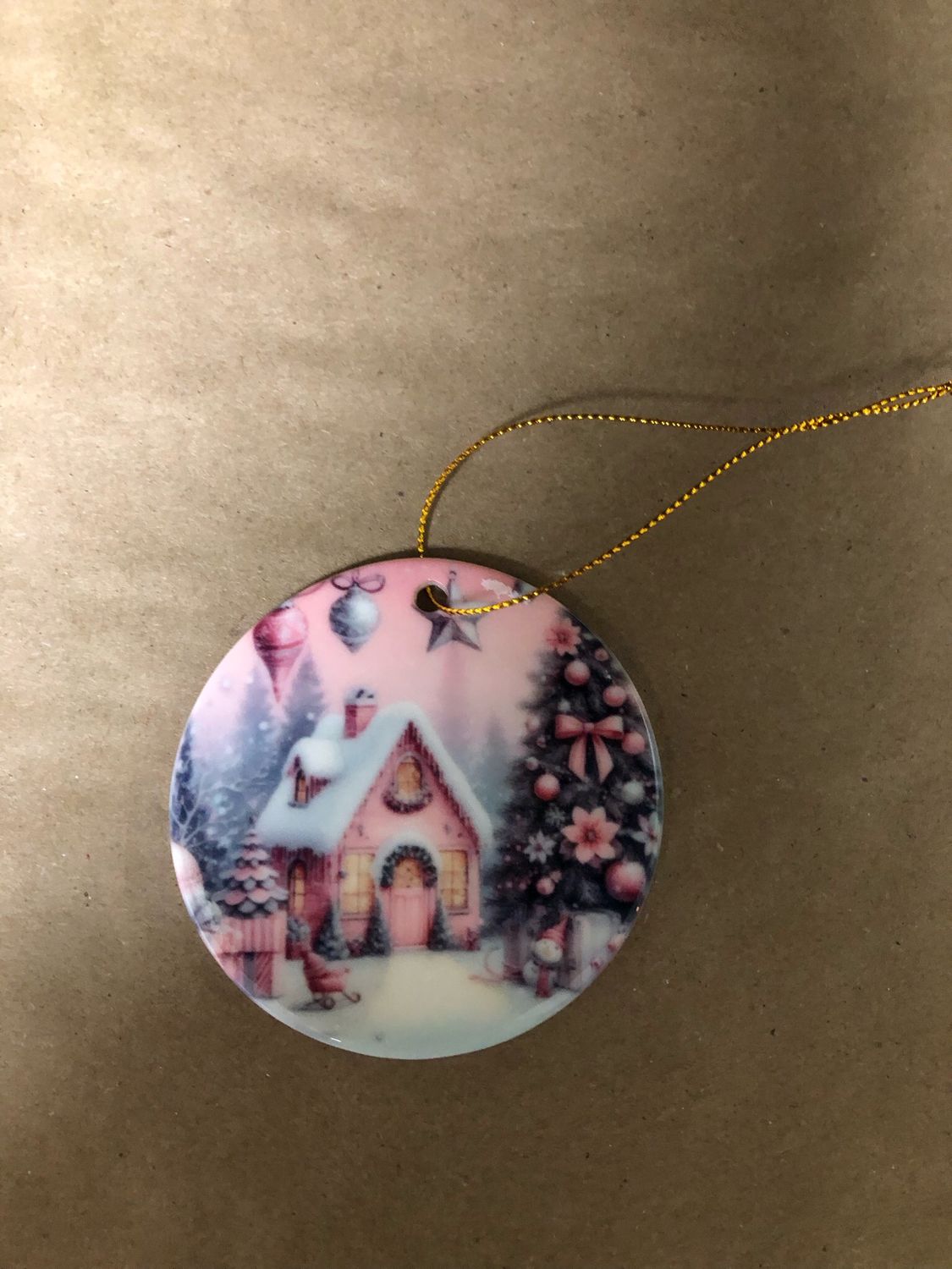 3” Ceramic Ornament House And Tree In Pink