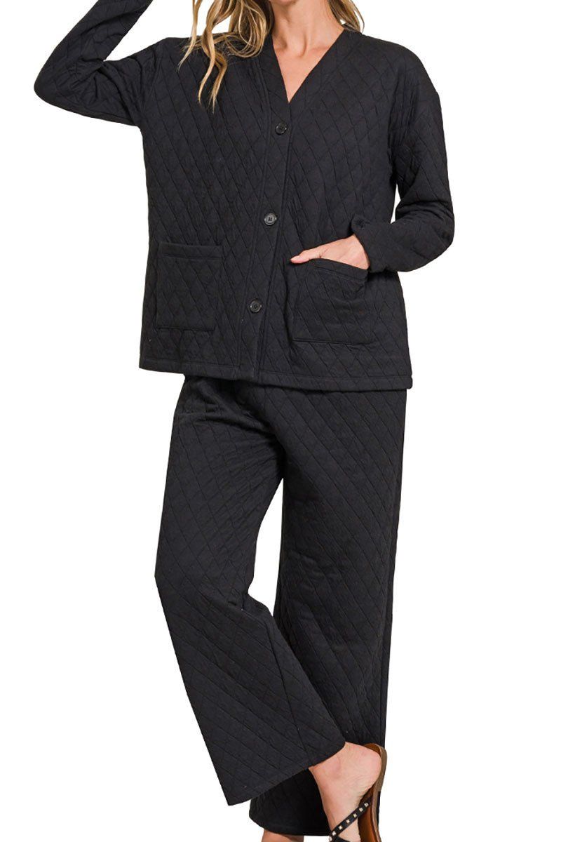 FIRESIDE COZY BLACK QUILTED JACKET AND PANTS SET