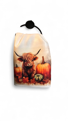 Highland Cow With Pumpkins - Waffle Kitchen Towel