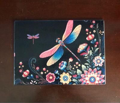 Glass Cutting Board - Dragonfly Flowers