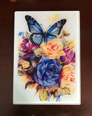 Glass Cutting Board - Blue Butterfly Flowers