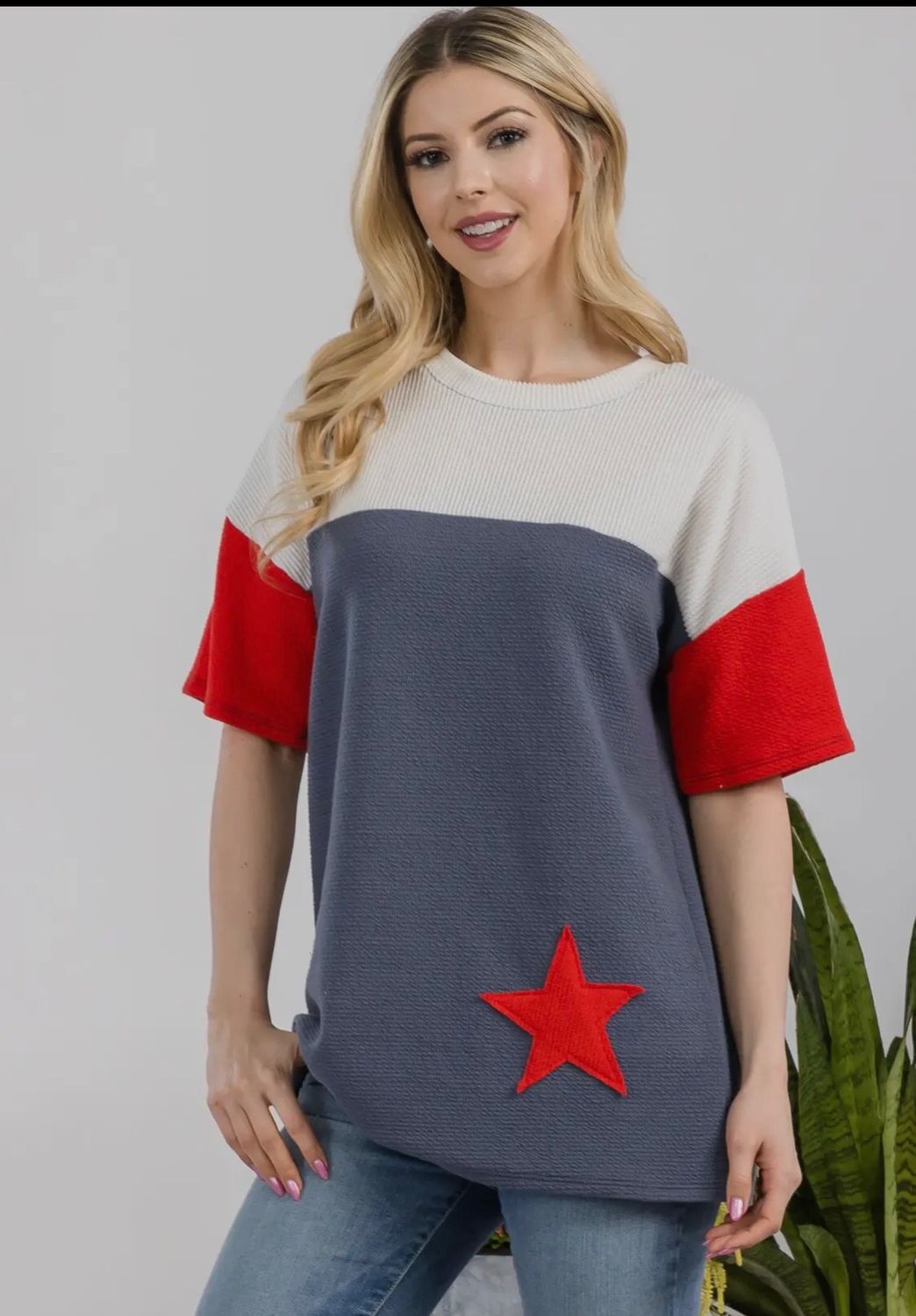 Celeste Clothing - COLOR BLOCK TOP WITH STAR DETAIL -CT43894A - Denim S-M-L-XL(1-2-2-1)