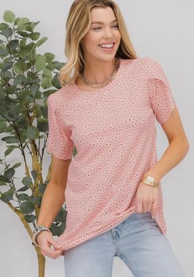 Celeste Clothing - CT33761A-PL -SMALL FLORAL PRINT SPLIT SHORT SLEEVE PLUS - CORAL 1XL - 3XL