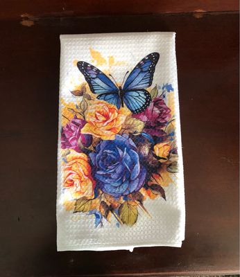 Blue Butterfly Flowers - Waffle Kitchen Towel