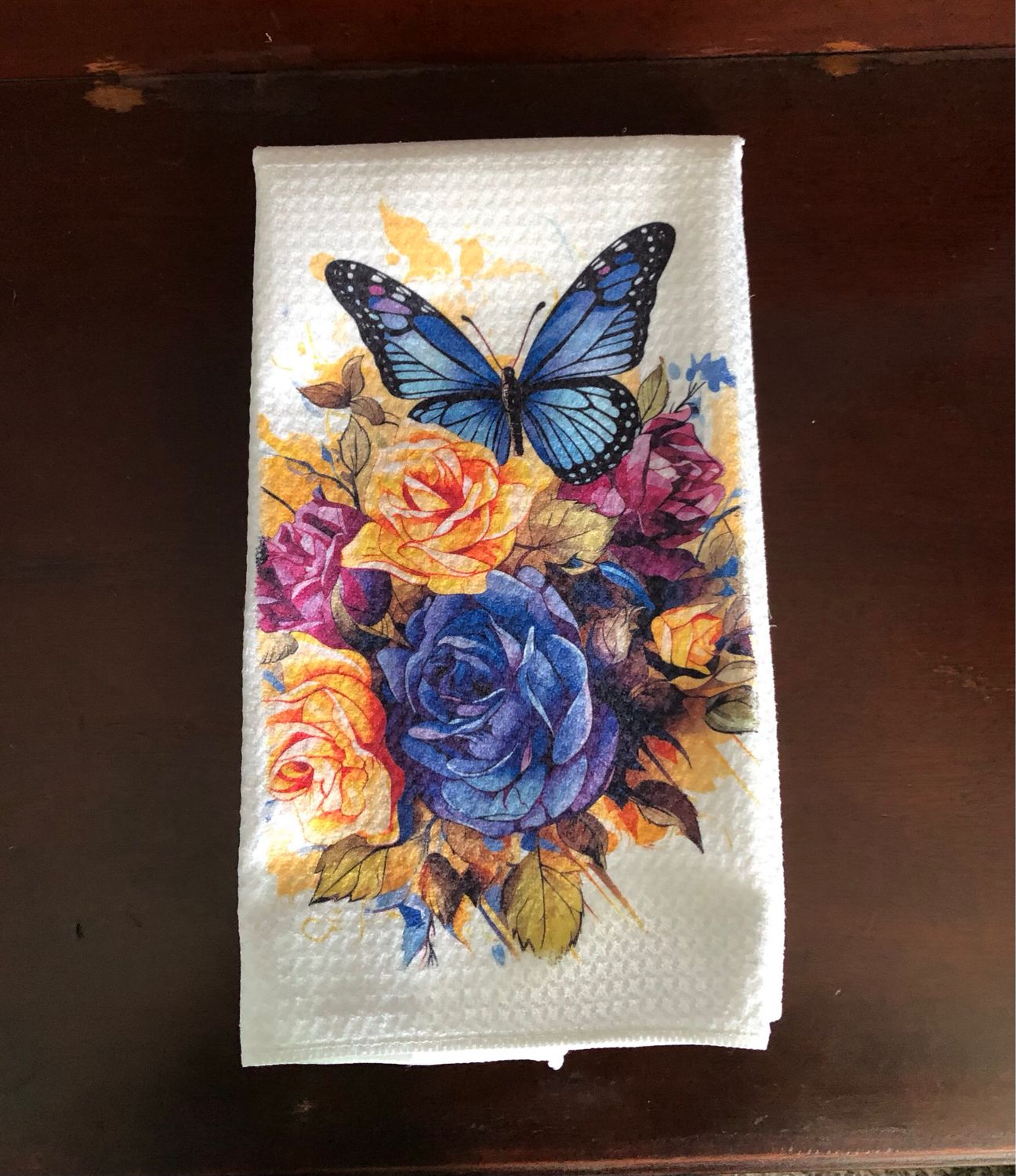 Blue Butterfly Flowers - Waffle Kitchen Towel