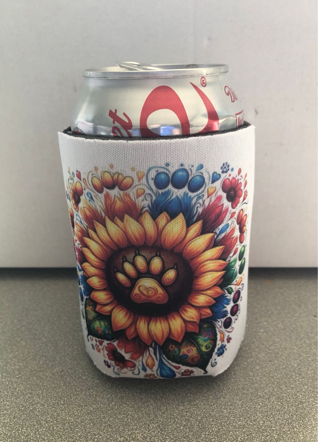 Sunflower with paw print 12 oz Koozie
