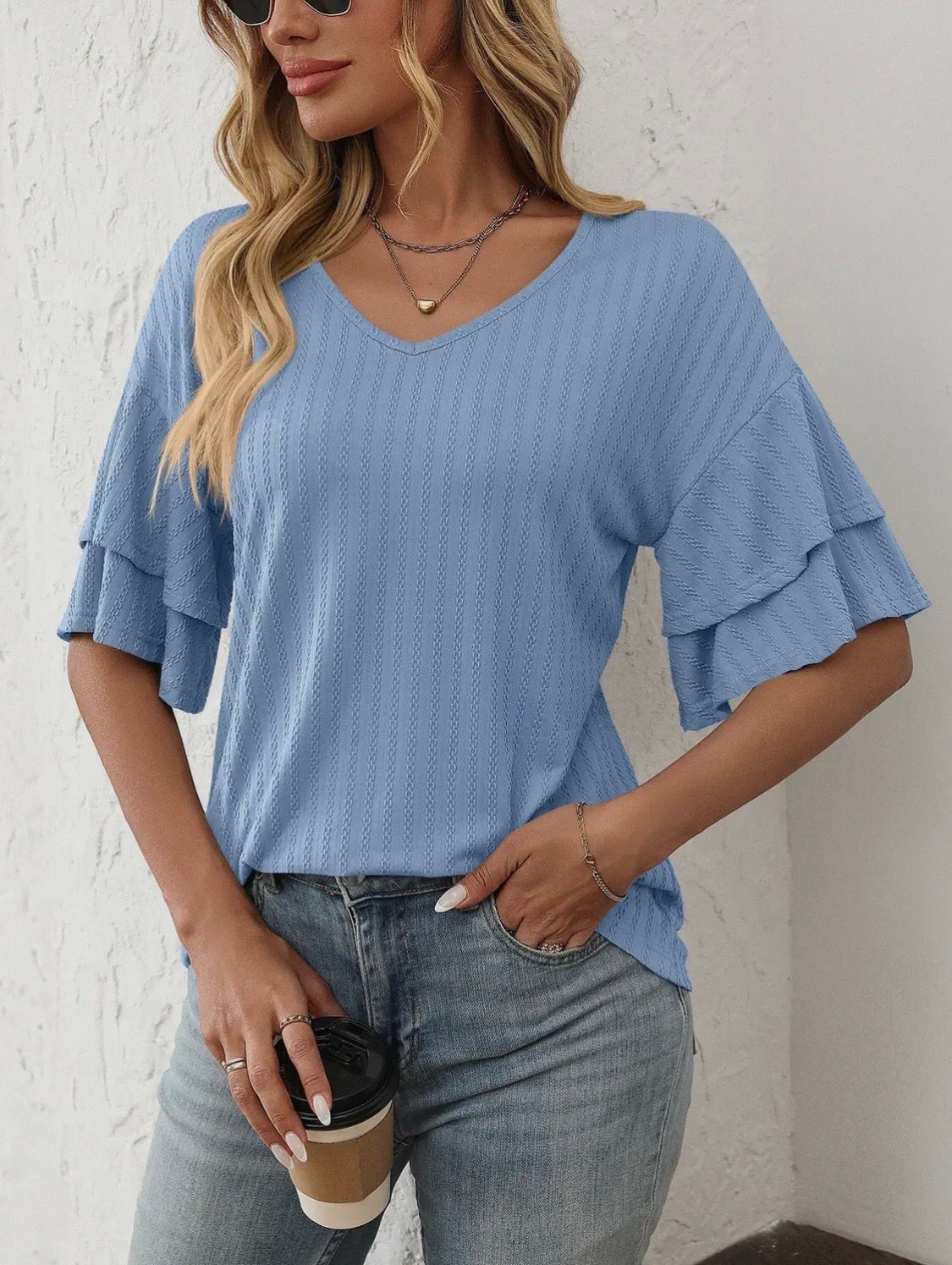 Solid Color V - Neck Ruffled Sleeve Short Sleeve Top Sky Blue
