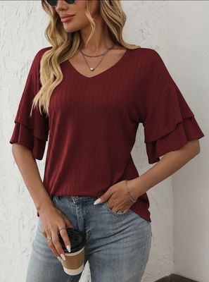 Solid Color V - Neck Ruffled Sleeve Short Sleeve Top Burgundy