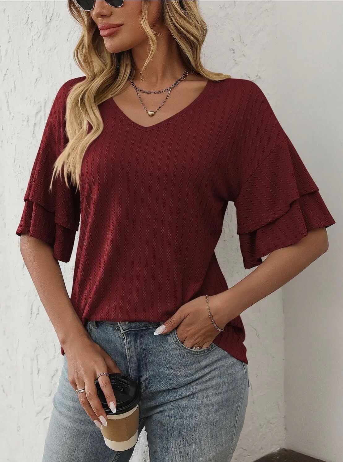 Solid Color V - Neck Ruffled Sleeve Short Sleeve Top Burgundy