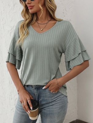 Solid Color V - Neck Ruffled Sleeve Short Sleeve Top Bean Green