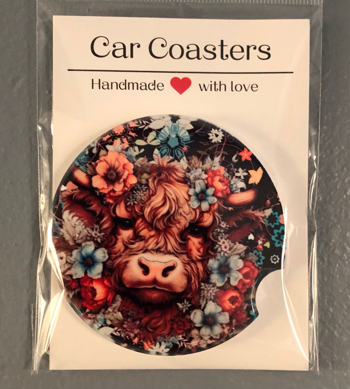 Highland Cow And Flowers Ceramic Car Coaster