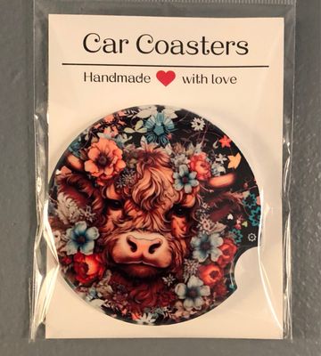 Highland Cow And Flowers Ceramic Car Coaster