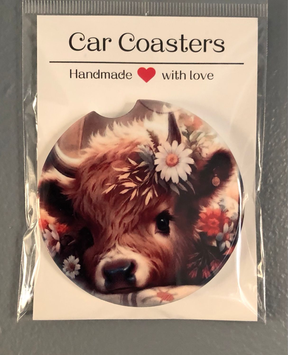 Highland Cow With Daisies Ceramic Car Coaster