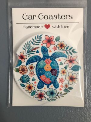 Sea Turtle And Flowers Ceramic Car Coaster