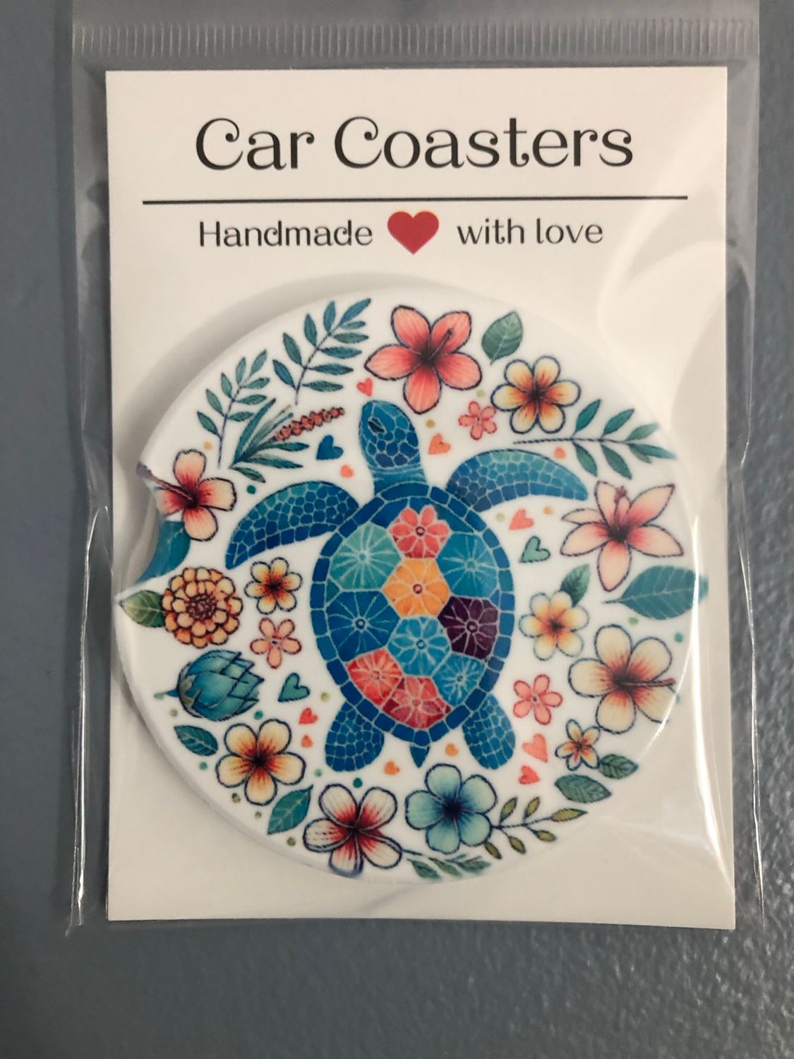 Sea Turtle And Flowers Ceramic Car Coaster