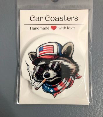 Raccoon Red, White And Blue Ceramic Car Coaster