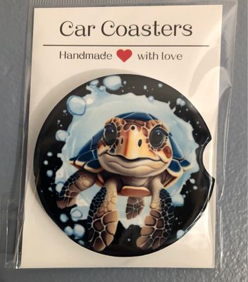 Sea Turtle With Black Background Ceramic Car Coaster