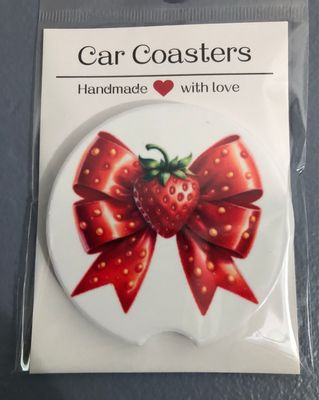 Strawberry And Bow Ceramic Car Coaster